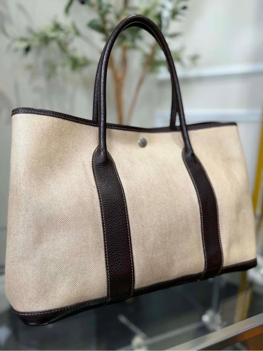 Hermes Beige Canvas Tote with Dark Brown Leather Trim